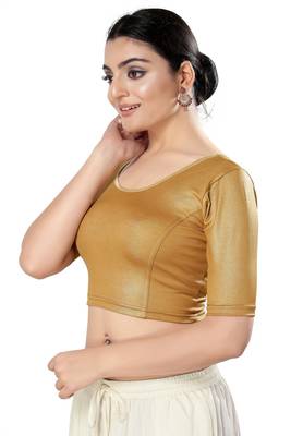 Malshi Shimmer Round Neck Elbow Sleeves Non - Padded Saree Blouse (COPPER) 3