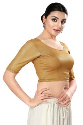 Malshi Shimmer Round Neck Elbow Sleeves Non - Padded Saree Blouse (COPPER) 4
