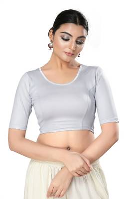 Malshi Shimmer Round Neck Elbow Sleeves Non - Padded Saree Blouse (SILVER) 1