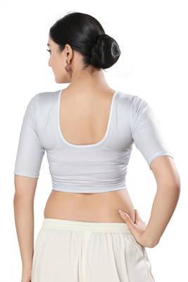 Malshi Shimmer Round Neck Elbow Sleeves Non - Padded Saree Blouse (SILVER) 2
