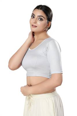Malshi Shimmer Round Neck Elbow Sleeves Non - Padded Saree Blouse (SILVER) 4