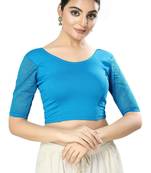 Malshi Cotton Lycra Round Neck Elbow Sleeves Non - Padded Saree Blouse (PEACOCK-BLUE)