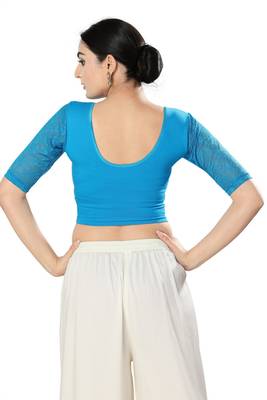 Malshi Cotton Lycra Round Neck Elbow Sleeves Non - Padded Saree Blouse (PEACOCK-BLUE) 2