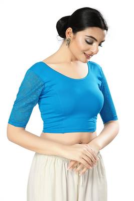 Malshi Cotton Lycra Round Neck Elbow Sleeves Non - Padded Saree Blouse (PEACOCK-BLUE) 3