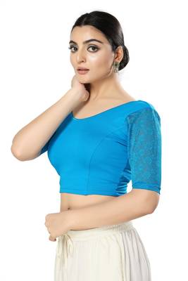 Malshi Cotton Lycra Round Neck Elbow Sleeves Non - Padded Saree Blouse (PEACOCK-BLUE) 4