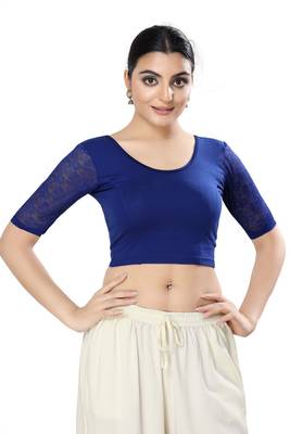 Malshi Cotton Lycra Round Neck Elbow Sleeves Non - Padded Saree Blouse (ROYAL-BLUE) 1