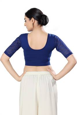 Malshi Cotton Lycra Round Neck Elbow Sleeves Non - Padded Saree Blouse (ROYAL-BLUE) 2