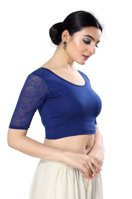 Malshi Cotton Lycra Round Neck Elbow Sleeves Non - Padded Saree Blouse (ROYAL-BLUE) 3