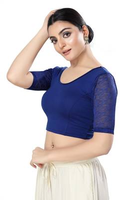 Malshi Cotton Lycra Round Neck Elbow Sleeves Non - Padded Saree Blouse (ROYAL-BLUE) 4