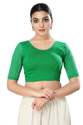 Malshi Cotton Lycra Round Neck Elbow Sleeves Non - Padded Saree Blouse (GREEN) 1