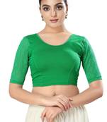 Malshi Cotton Lycra Round Neck Elbow Sleeves Non - Padded Saree Blouse (GREEN)