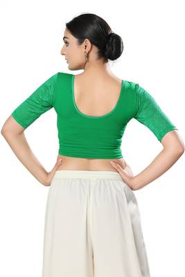 Malshi Cotton Lycra Round Neck Elbow Sleeves Non - Padded Saree Blouse (GREEN) 2