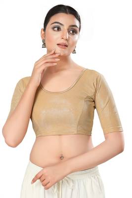 Malshi Shimmer Round Neck Elbow Sleeves Non - Padded Saree Blouse (ROSE-GOLD) 1