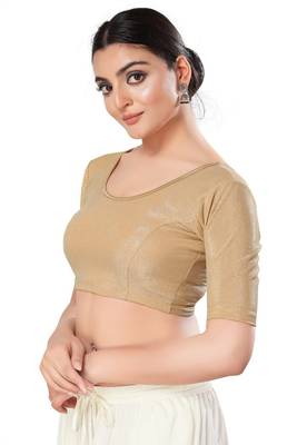 Malshi Shimmer Round Neck Elbow Sleeves Non - Padded Saree Blouse (ROSE-GOLD) 3