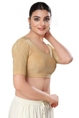 Malshi Shimmer Round Neck Elbow Sleeves Non - Padded Saree Blouse (ROSE-GOLD) 4