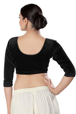 Malshi Velvet Round Neck 3/4 sleeves Non - Padded Saree Blouse (BLACK) 1