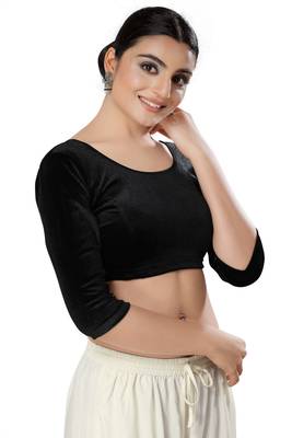 Malshi Velvet Round Neck 3/4 sleeves Non - Padded Saree Blouse (BLACK) 2