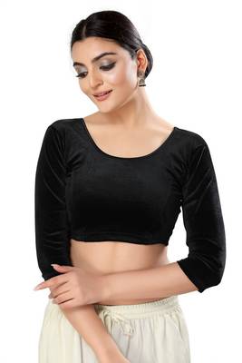 Malshi Velvet Round Neck 3/4 sleeves Non - Padded Saree Blouse (BLACK) 3