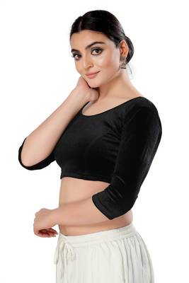 Malshi Velvet Round Neck 3/4 sleeves Non - Padded Saree Blouse (BLACK) 4