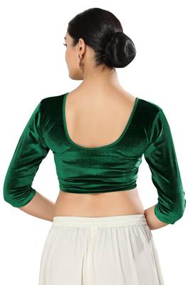 Malshi Velvet Round Neck 3/4 sleeves Non - Padded Saree Blouse (GREEN) 2