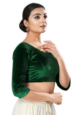 Malshi Velvet Round Neck 3/4 sleeves Non - Padded Saree Blouse (GREEN) 4
