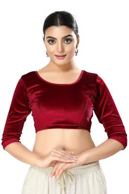 Malshi Velvet Round Neck 3/4 sleeves Non - Padded Saree Blouse (MAROON) 1