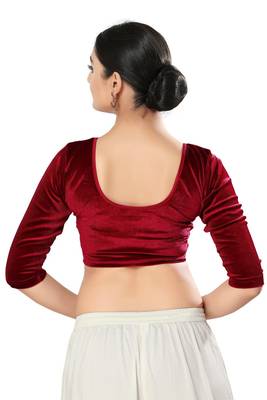 Malshi Velvet Round Neck 3/4 sleeves Non - Padded Saree Blouse (MAROON) 2