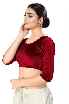 Malshi Velvet Round Neck 3/4 sleeves Non - Padded Saree Blouse (MAROON) 3
