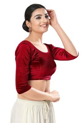 Malshi Velvet Round Neck 3/4 sleeves Non - Padded Saree Blouse (MAROON) 4