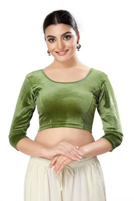 Malshi Velvet Round Neck 3/4 sleeves Non - Padded Saree Blouse (MEHEND-GREEN) 1
