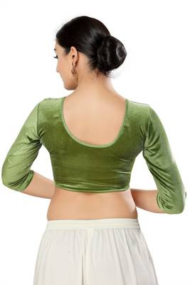 Malshi Velvet Round Neck 3/4 sleeves Non - Padded Saree Blouse (MEHEND-GREEN) 2