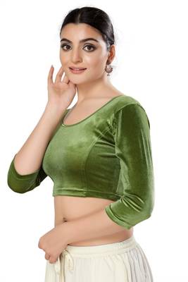Malshi Velvet Round Neck 3/4 sleeves Non - Padded Saree Blouse (MEHEND-GREEN) 3