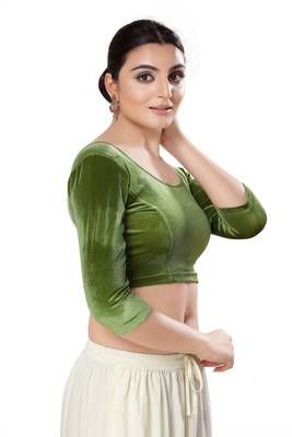 Malshi Velvet Round Neck 3/4 sleeves Non - Padded Saree Blouse (MEHEND-GREEN) 4