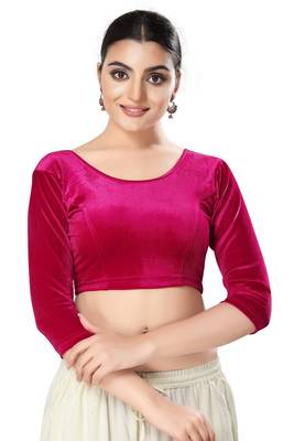 Malshi Velvet Round Neck 3/4 sleeves Non - Padded Saree Blouse (PINK) 1