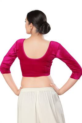 Malshi Velvet Round Neck 3/4 sleeves Non - Padded Saree Blouse (PINK) 2