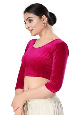 Malshi Velvet Round Neck 3/4 sleeves Non - Padded Saree Blouse (PINK) 3