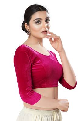Malshi Velvet Round Neck 3/4 sleeves Non - Padded Saree Blouse (PINK) 4