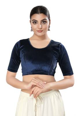 Malshi Velvet Round Neck Elbow Sleeves Non - Padded Saree Blouse (NAVY-BLUE) 1