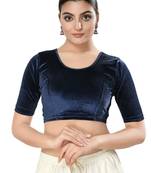Malshi Velvet Round Neck Elbow Sleeves Non - Padded Saree Blouse (NAVY-BLUE)
