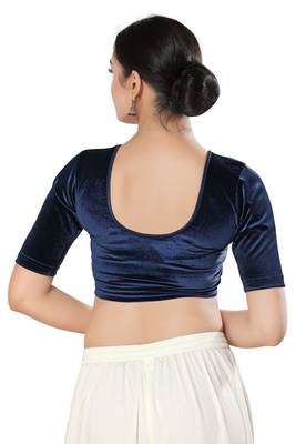 Malshi Velvet Round Neck Elbow Sleeves Non - Padded Saree Blouse (NAVY-BLUE) 2