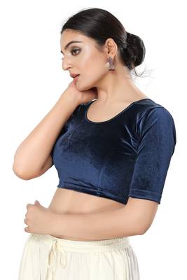 Malshi Velvet Round Neck Elbow Sleeves Non - Padded Saree Blouse (NAVY-BLUE) 3