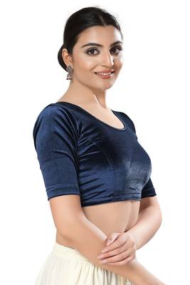 Malshi Velvet Round Neck Elbow Sleeves Non - Padded Saree Blouse (NAVY-BLUE) 4