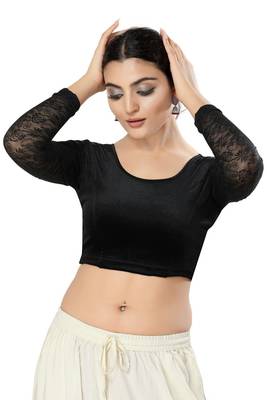 Malshi Velvet Round Neck Full Sleeves Non - Padded Saree Blouse (BLACK) 1