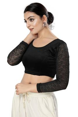 Malshi Velvet Round Neck Full Sleeves Non - Padded Saree Blouse (BLACK) 3