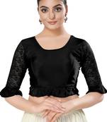 Malshi Shimmer Round Neck Elbow Sleeves Non - Padded Saree Blouse (BLACK)