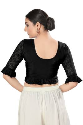 Malshi Shimmer Round Neck Elbow Sleeves Non - Padded Saree Blouse (BLACK) 2