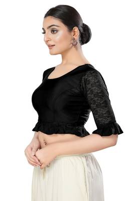 Malshi Shimmer Round Neck Elbow Sleeves Non - Padded Saree Blouse (BLACK) 3