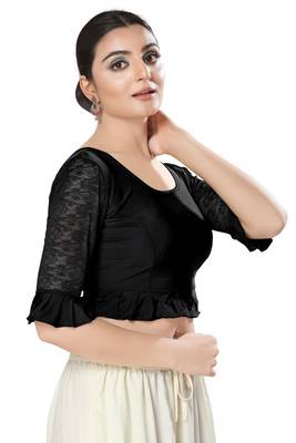 Malshi Shimmer Round Neck Elbow Sleeves Non - Padded Saree Blouse (BLACK) 4