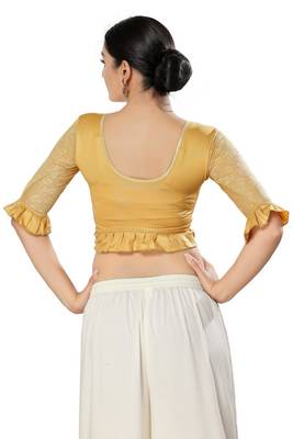 Malshi Shimmer Round Neck Elbow Sleeves Non - Padded Saree Blouse (GOLD) 2