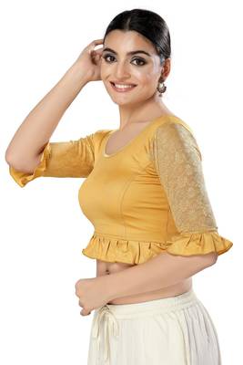 Malshi Shimmer Round Neck Elbow Sleeves Non - Padded Saree Blouse (GOLD) 4